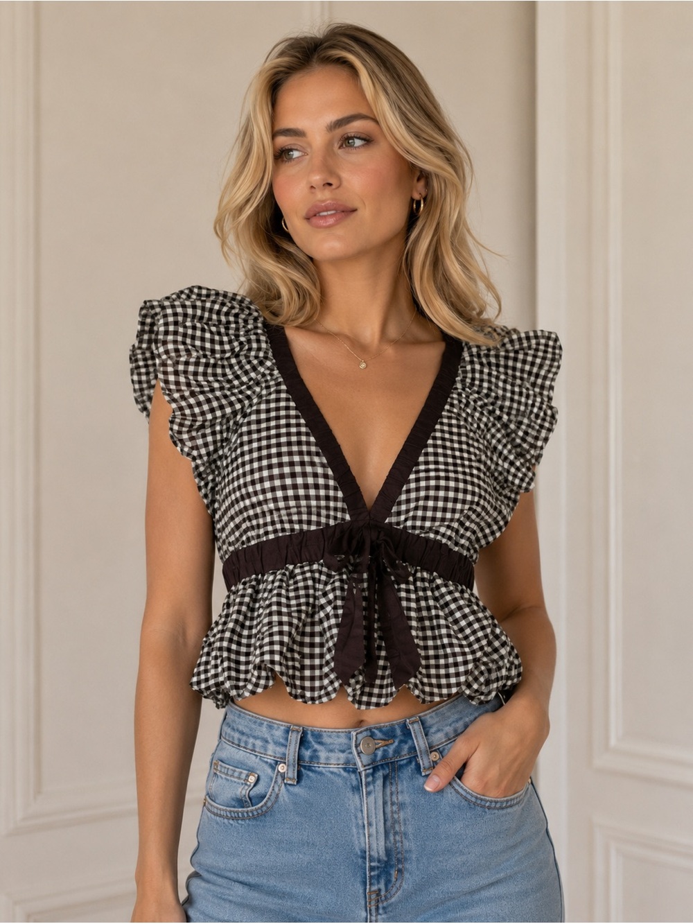 Zara Black & White Gingham Ruffle Tie-Front Crop Top